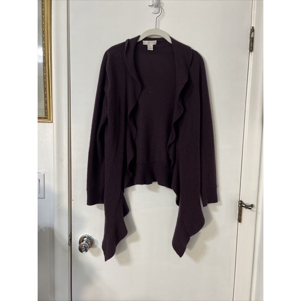KENAR 100% Cashmere Sweater Merlot Purple Ruffle Handkerchief Edge Open Front M